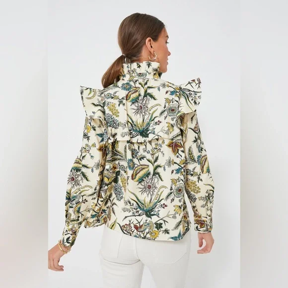 Tuckernuck Floral Ruffle Blouse - Cream and Green - Picture 4 of 16
